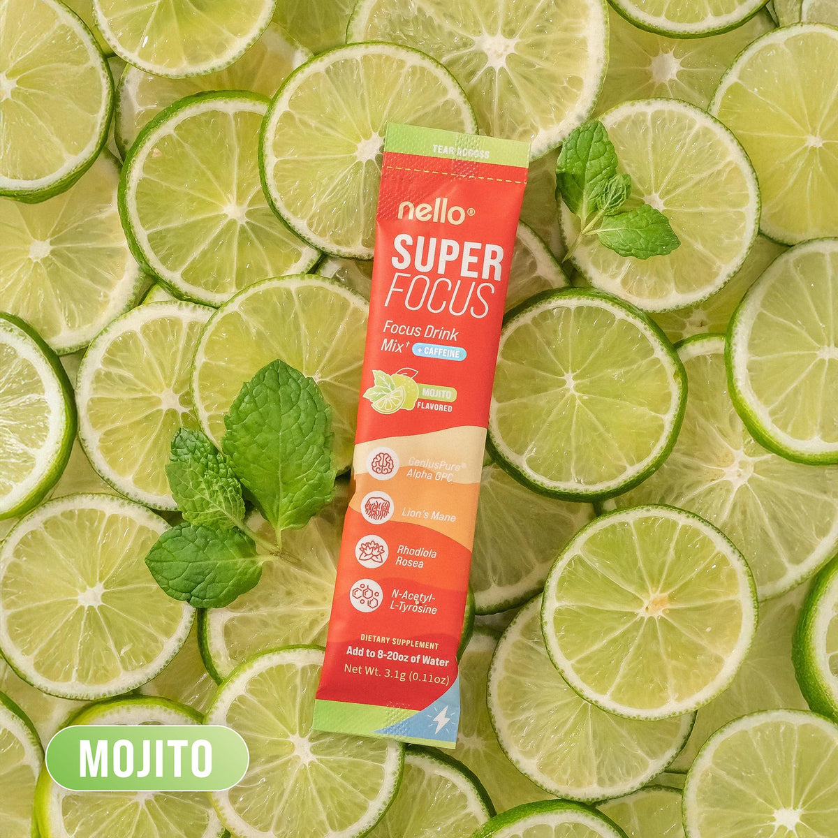 Nello Superfocus Mojito with Caffeine Nootropic Focus Drink Mix, 20 On-The-Go Packets, Alpha GPC, Lions Mane, Rhodiola, Sugar-Free NelloBuy Supplements Australia