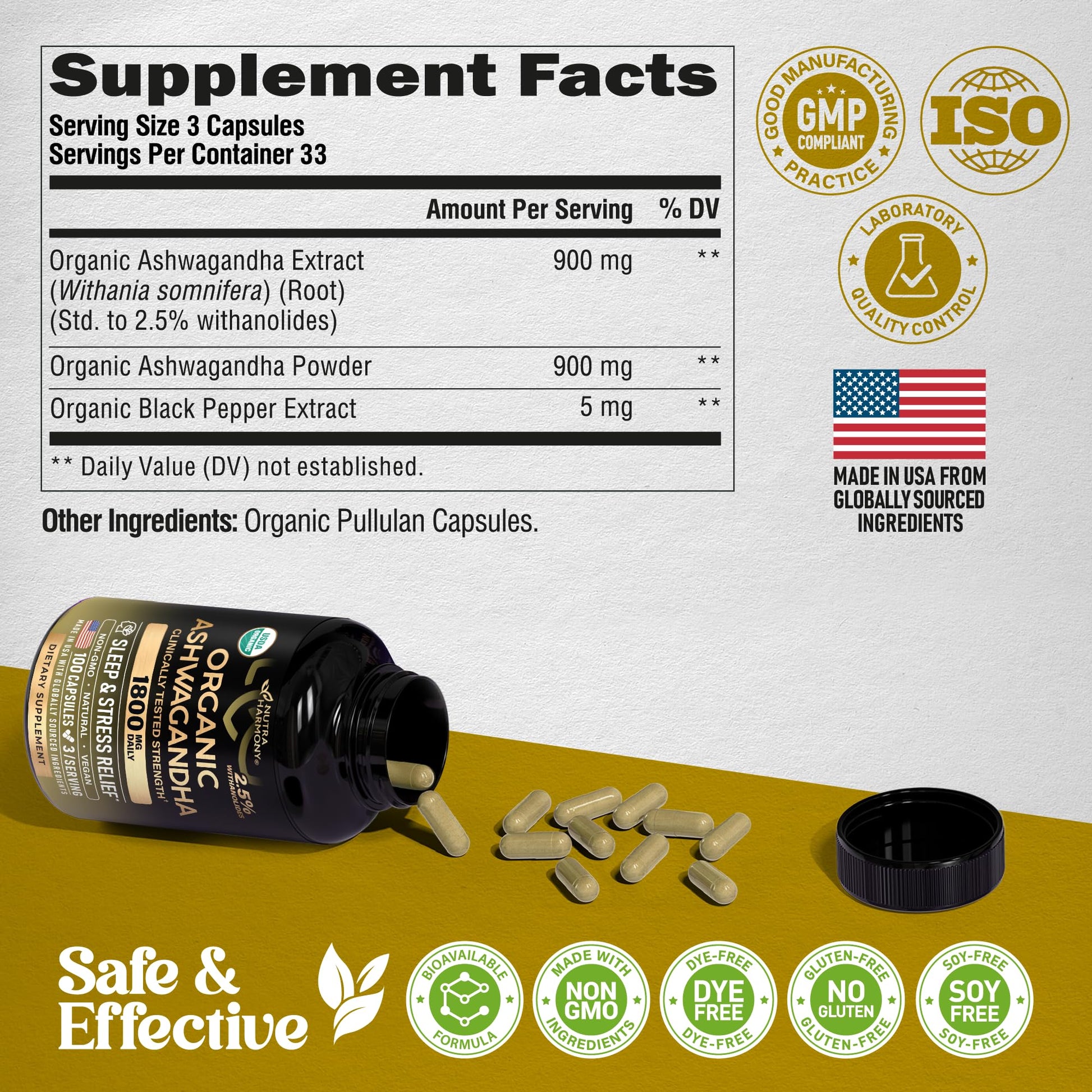 Ashwagandha Supplements 1800mg - USDA Organic Ashwagandha for Women & Men - Clinically Effective Strength for Stress Relief & Sleep - Powder & Root Extract 2.5% Withanolides - Made in USA 100 Capsules NUTRAHARMONYBuy Supplements Australia