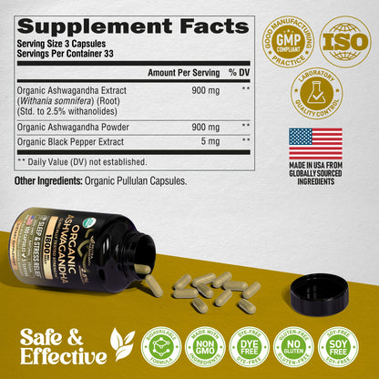 Ashwagandha Supplements 1800mg - USDA Organic Ashwagandha for Women & Men - Clinically Effective Strength for Stress Relief & Sleep - Powder & Root Extract 2.5% Withanolides - Made in USA 100 Capsules NUTRAHARMONYBuy Supplements Australia