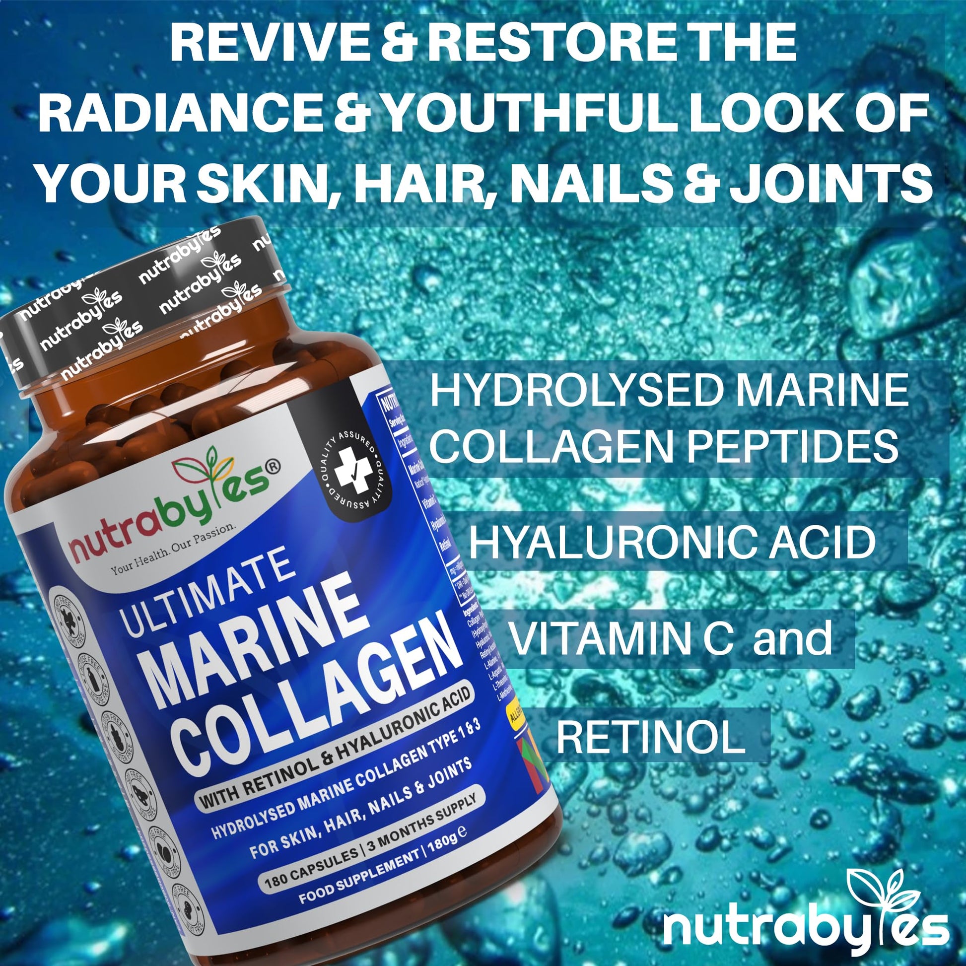 High Strength Marine Collagen with Hyaluronic Acid, Retinol and Vitamin C | 180 Capsules - 3 Months Supply NUTRABYTESBuy Supplements Australia