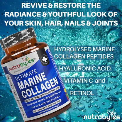 High Strength Marine Collagen with Hyaluronic Acid, Retinol and Vitamin C | 180 Capsules - 3 Months Supply NUTRABYTESBuy Supplements Australia
