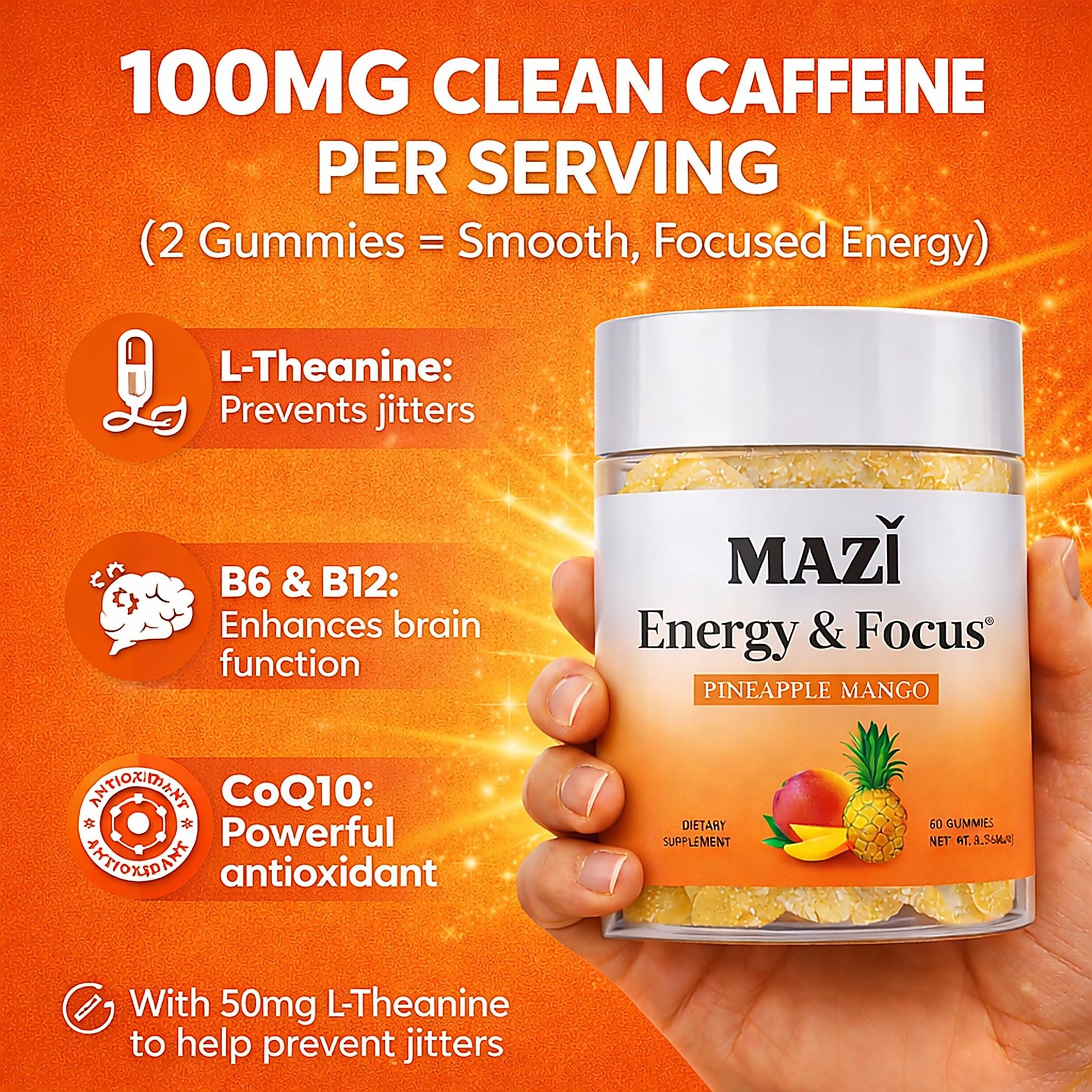 Energy & Focus Gummies | 100mg Natural Caffeine + L-Theanine + Vitamin B6 & B12 + CoQ10 | Nootropic Cognitive Brain Performance Supplement | No Crash or Jitters MAZIBuy Supplements Australia