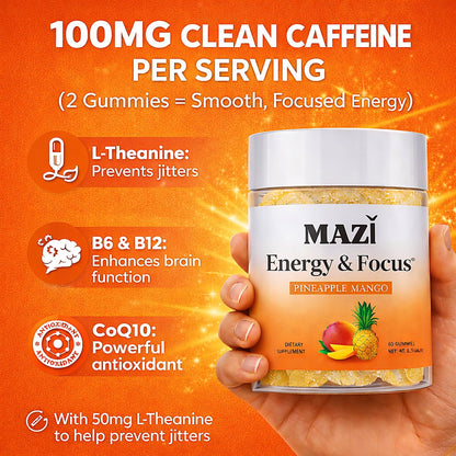 Energy & Focus Gummies | 100mg Natural Caffeine + L-Theanine + Vitamin B6 & B12 + CoQ10 | Nootropic Cognitive Brain Performance Supplement | No Crash or Jitters MAZIBuy Supplements Australia