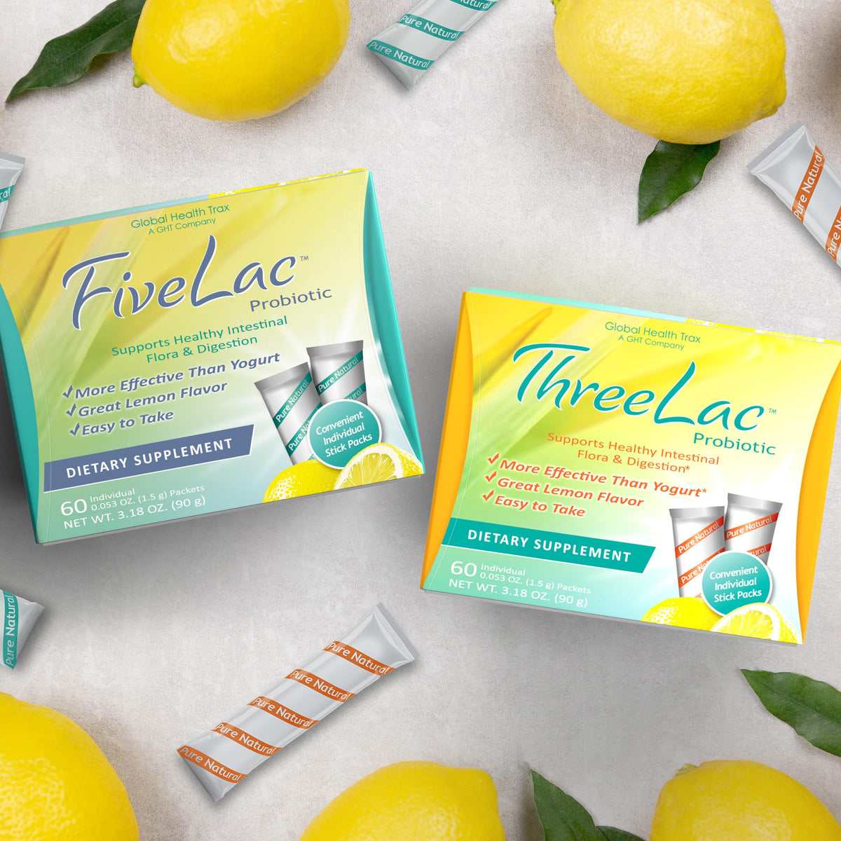 Global Health Trax GHT - FiveLac + Threelac Lemon Probiotic Powder Drink Mix, Probiotics for Women, Men, Kids, Smooth Digestive Support & Elimination, Relieves Constipation & Gas - 60 Packets, Non-GMO ght Global Health TraxBuy Supplements Australia
