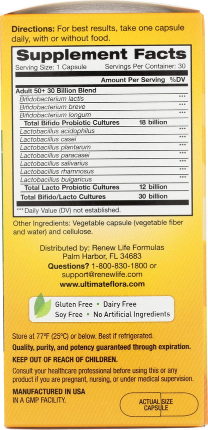 Renew Life Probiotic Adult 50 Plus Probiotic Capsules, Daily Supplement Supports Urinary, Digestive and Immune Health, L. Rhamnosus GG, Dairy, Soy and gluten-free, 30 Billion CFU, 30 Count Renew LifeBuy Supplements Australia