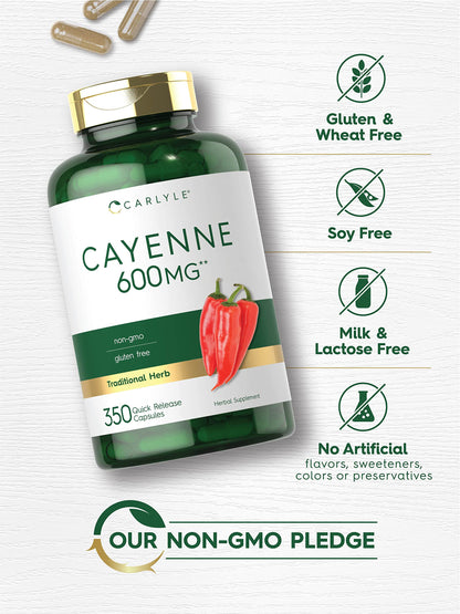 Carlyle Cayenne Pepper Capsules 600mg | 350 Pills | Non-GMO, Gluten Free Supplement CarlyleBuy Supplements Australia