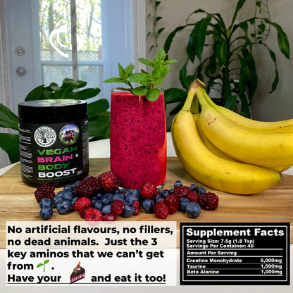 Vegan Brain & Body Boost: The Cherry On Top of A Plant-Based Lifestyle | Working Intelligence | Anti-Aging | Physical Fitness | Vegan Amino Acids - Creatine, Taurine & Beta Alanine | 40 Servings/300g Vegan Brain FoodBuy Supplements Australia