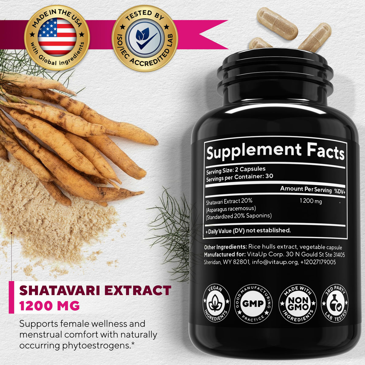VitaUp Shatavari Capsules for Women 1200mg - USA Made Shatavari Root Supplement for Normal Hormonal Support, Menopause & Menstrual Wellness - 60 Vegan Capsules VitaUpBuy Supplements Australia