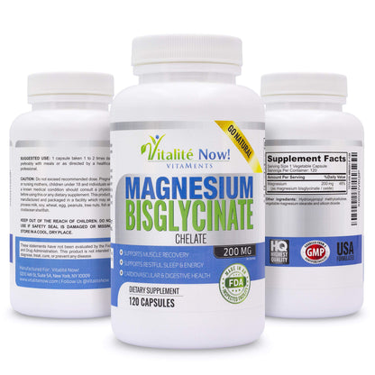 Vitalité Now! Magnesium Bisglycinate 200mg - 100% Chelated Capsules for Superior Absorption - Gentle Formula, No Laxative Effect - Sleep Energy Cramps Muscle Support - Fully Reacted & Buffered Vitalité Now!Buy Supplements Australia