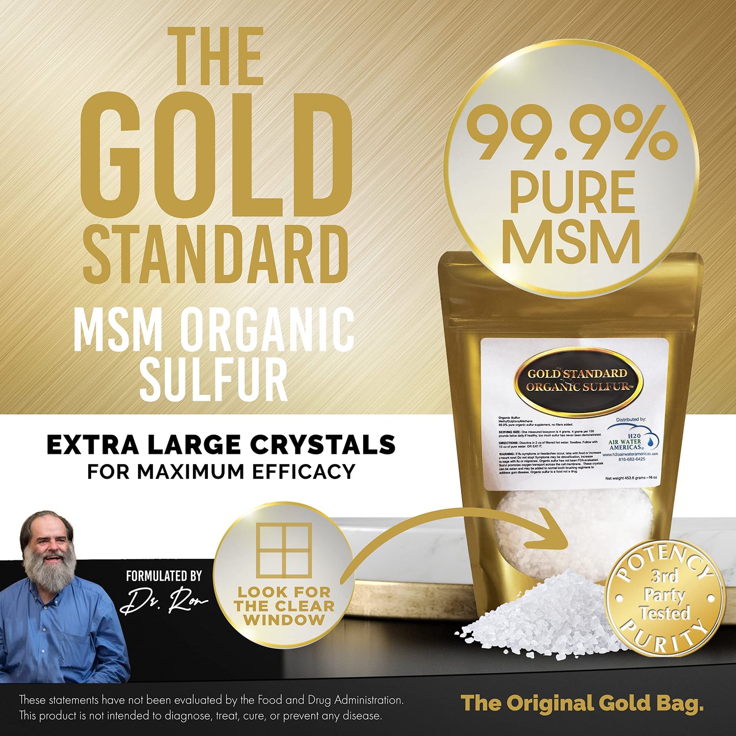 Gold Standard Organic Sulfur Crystals 1lb - 99.9% Pure MSM Crystals - High-Purity MSM Supplement Powder - Large Granular Flakes - 3rd Party Tested for Purity H2O Air Water Americas buy supplements Au