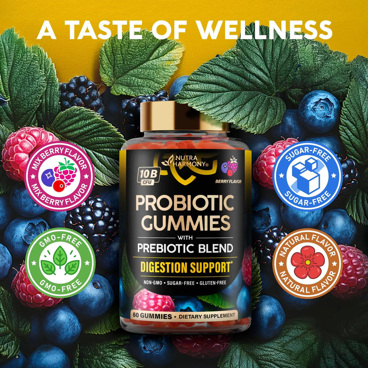 Probiotic Gummies 10B CFU with Prebiotic Fiber - Digestion & Immune Support - Debloat, Stomach & Gut Comfort - Probiotics for Women & Men - Natural Berry Flavor - Vegan & Sugar-free - 60 Gummies NUTRAHARMONYBuy Supplements Australia