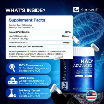 Karrwell NAD+ Advanced 500MG Liposomal NAD+ with Resveratrol - NAD Supplement for Men & Women - NMN Alternative for Cellular Energy & Healthy Aging - 60 Capsules, 30 Day Supply KarrwellBuy Supplements Australia