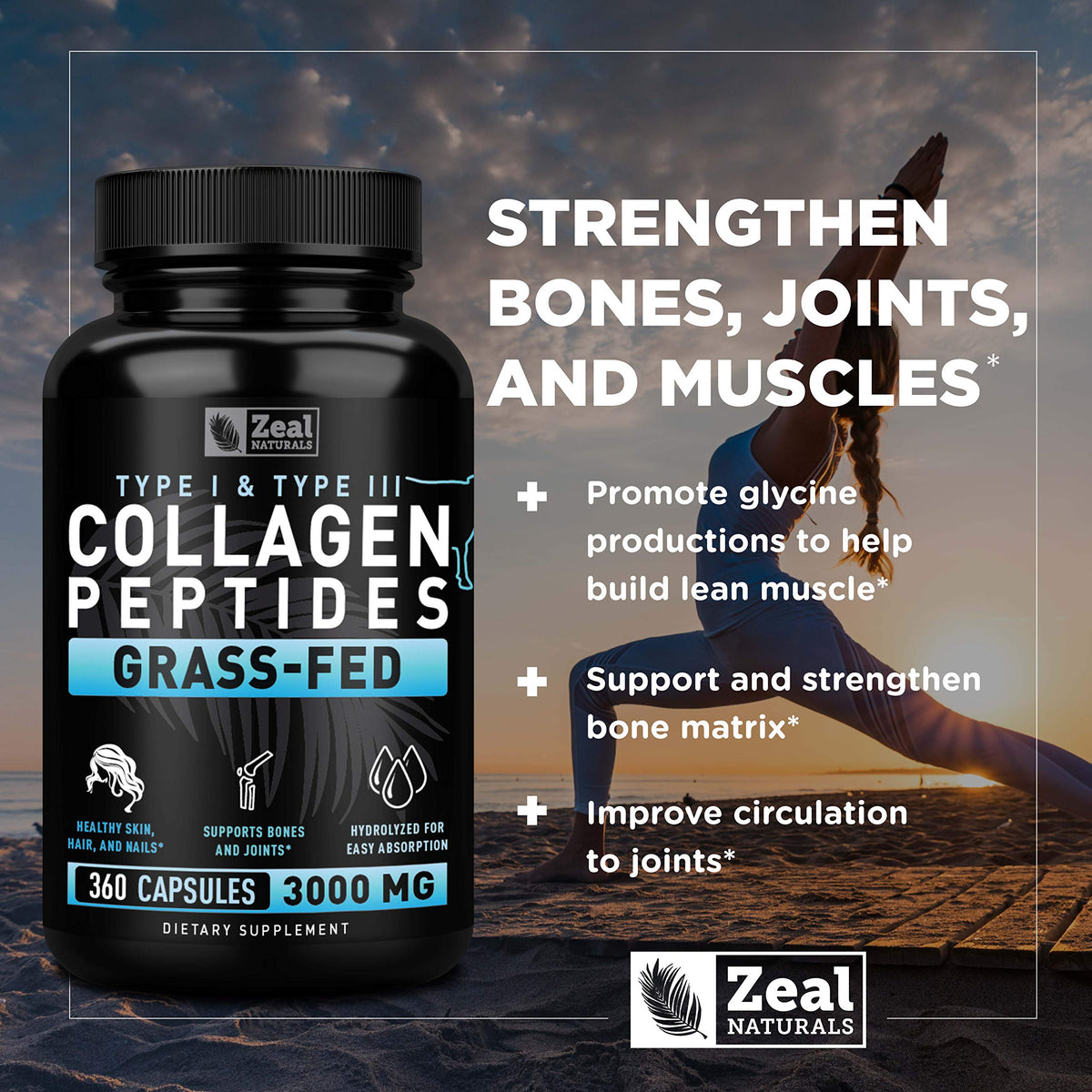 Zeal Naturals Collagen Peptides Collagen Pills (360 Capsules) Grass Fed Collagen Pepetide Powder - Hydrolyzed Collagen Powder for JointTendon SupplementHair Skin and Nails - Zeal NaturalsBuy Supplements Australia