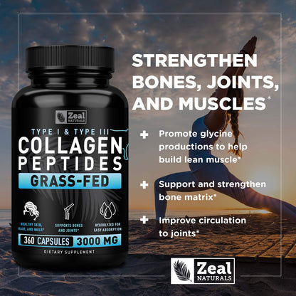 Zeal Naturals Collagen Peptides Collagen Pills (360 Capsules) Grass Fed Collagen Pepetide Powder - Hydrolyzed Collagen Powder for JointTendon SupplementHair Skin and Nails - Zeal NaturalsBuy Supplements Australia