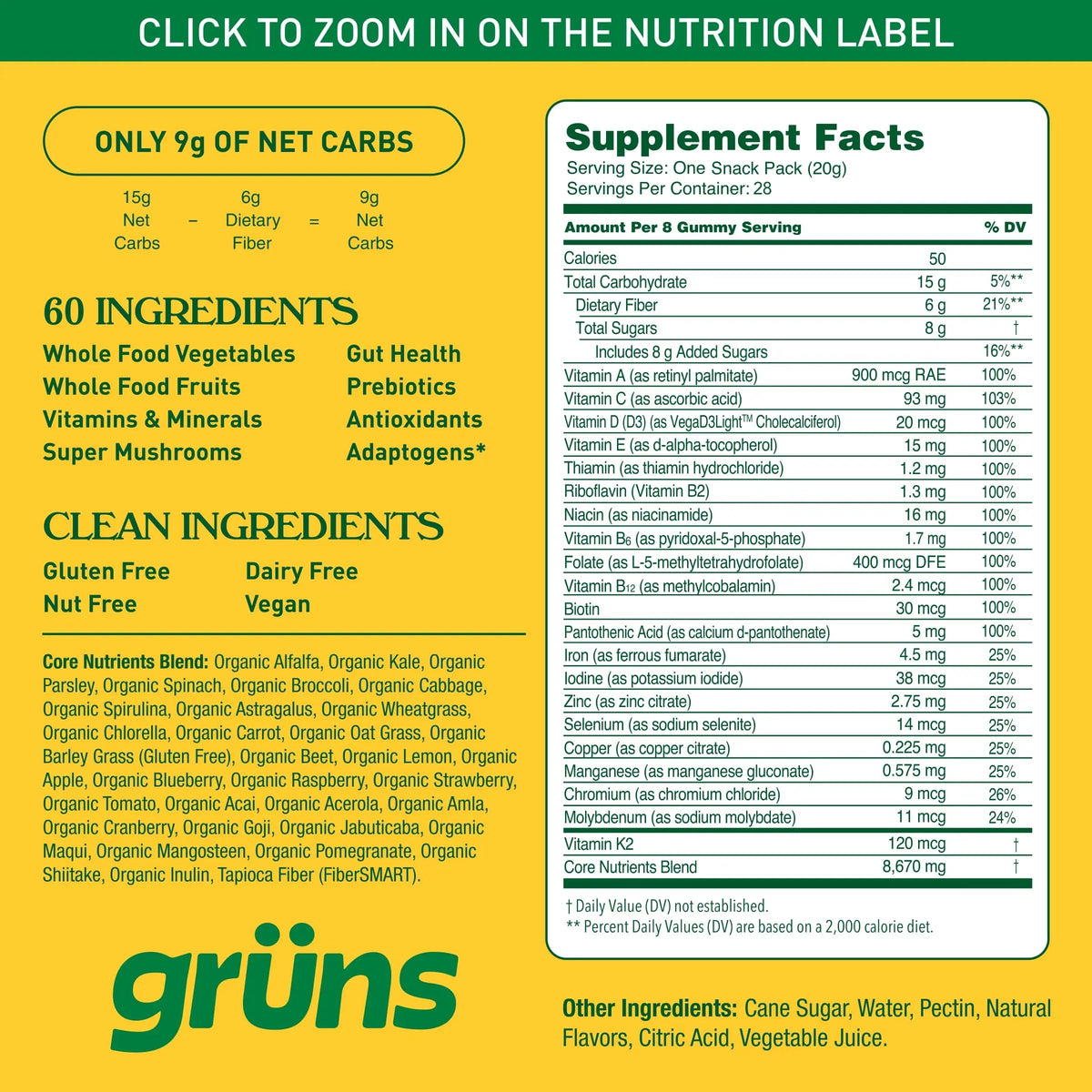 Gruns Adults Super Greens Multivitamin Gummies, Superfood Vitamin Gummy Bears with Spirulina, Chlorella, Prebiotic Fiber for Digestive Health GrünsBuy Supplements Australia