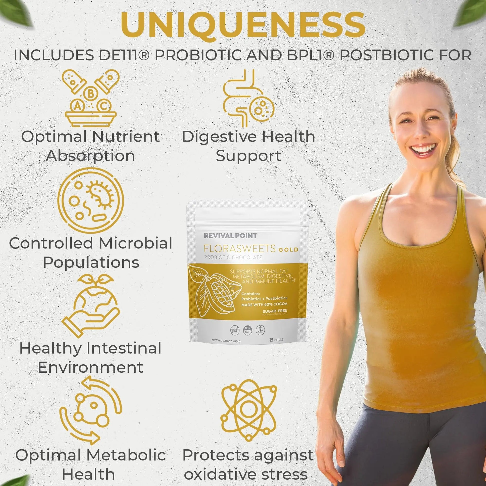 Revival Point Florasweets Gold Chocolate Bites with Probiotic + Postbiotic Stains DE111 & BPL1 - Indivally Wrapped - Supports Digestive & Gut Health Bacillus subtilis (1) Revival PointBuy Supplements Australia