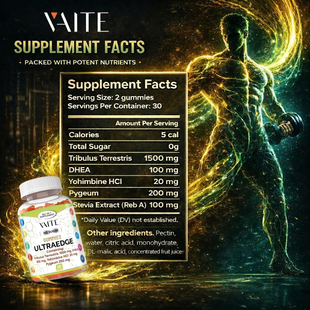 VAITE UltraEdge Herbal Complex Gummies – Tribulus Terrestris 1500mg, DHEA 100mg, Yohimbine HCl 20mg, Pygeum 200mg, Plant-Based Blend, 60 Vegan Gummies, Non-GMO, Gluten-Free, Adult Supplement VAITEBuy Supplements Australia