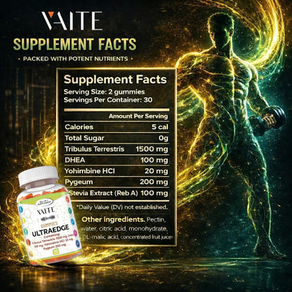 VAITE UltraEdge Herbal Complex Gummies – Tribulus Terrestris 1500mg, DHEA 100mg, Yohimbine HCl 20mg, Pygeum 200mg, Plant-Based Blend, 60 Vegan Gummies, Non-GMO, Gluten-Free, Adult Supplement VAITEBuy Supplements Australia